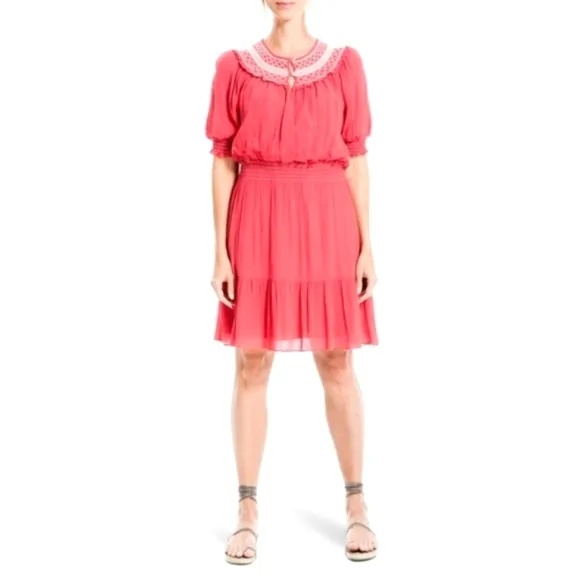 Max Studio Short Puff Sleeve Keyhole Neck Smocked Waist Dress Watermelon - sz XL