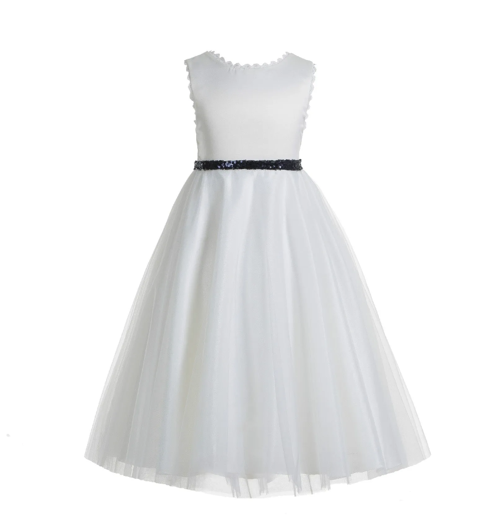 White V-Back Lace Edge Junior Flower Girl Dress Holy Baptism First Communion Christening Dresses 183